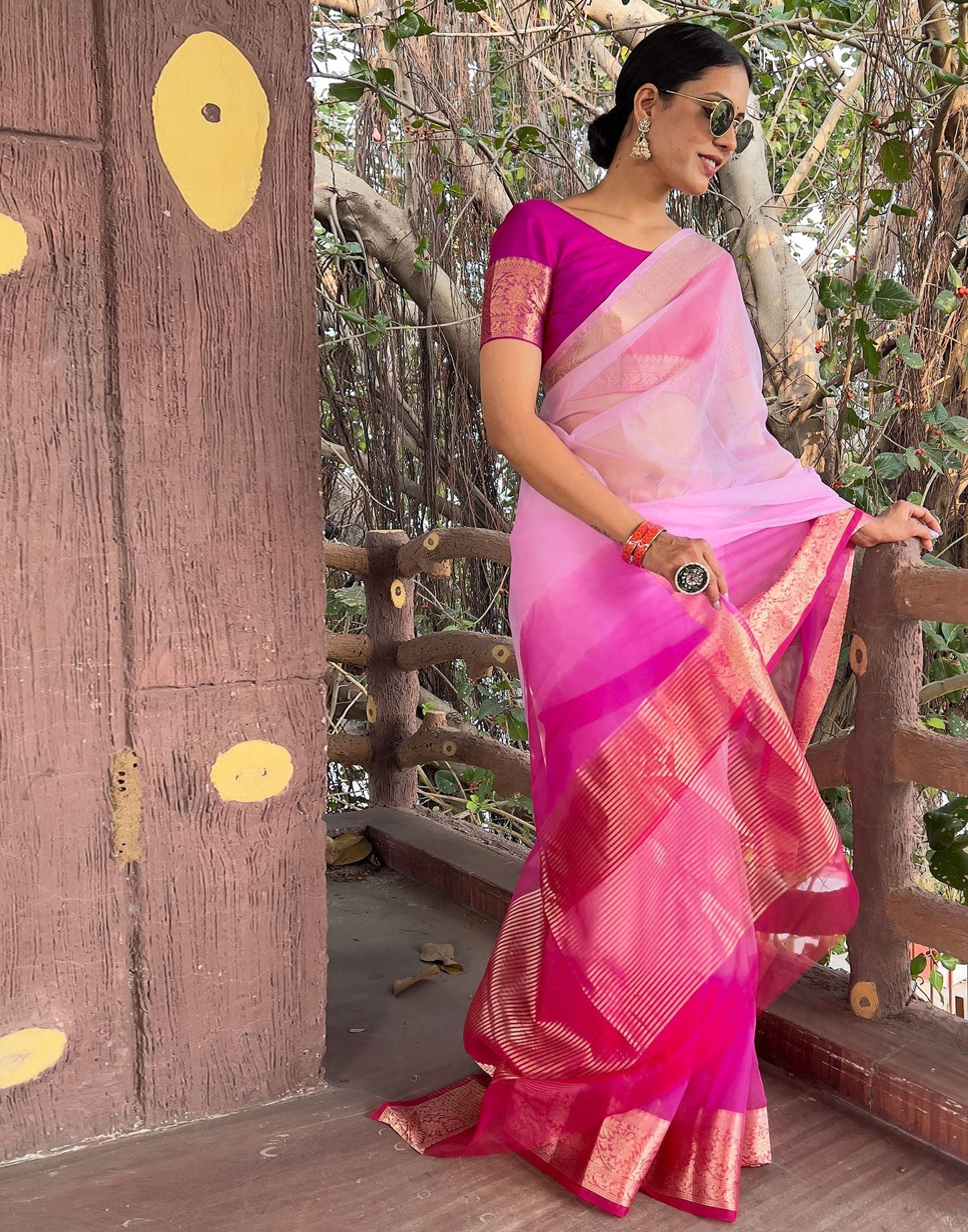 Dark Pink Plain Organza Saree