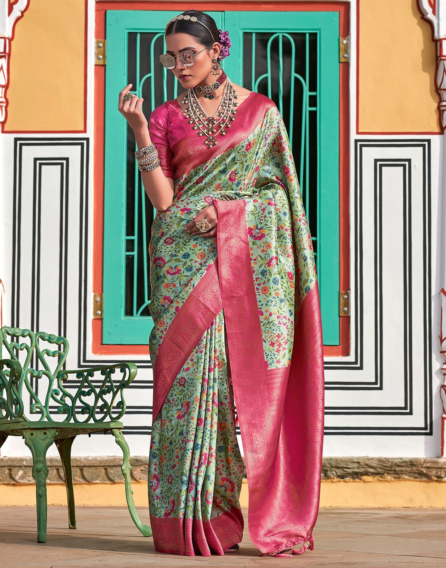 Light Pista Green Printed Silk Saree