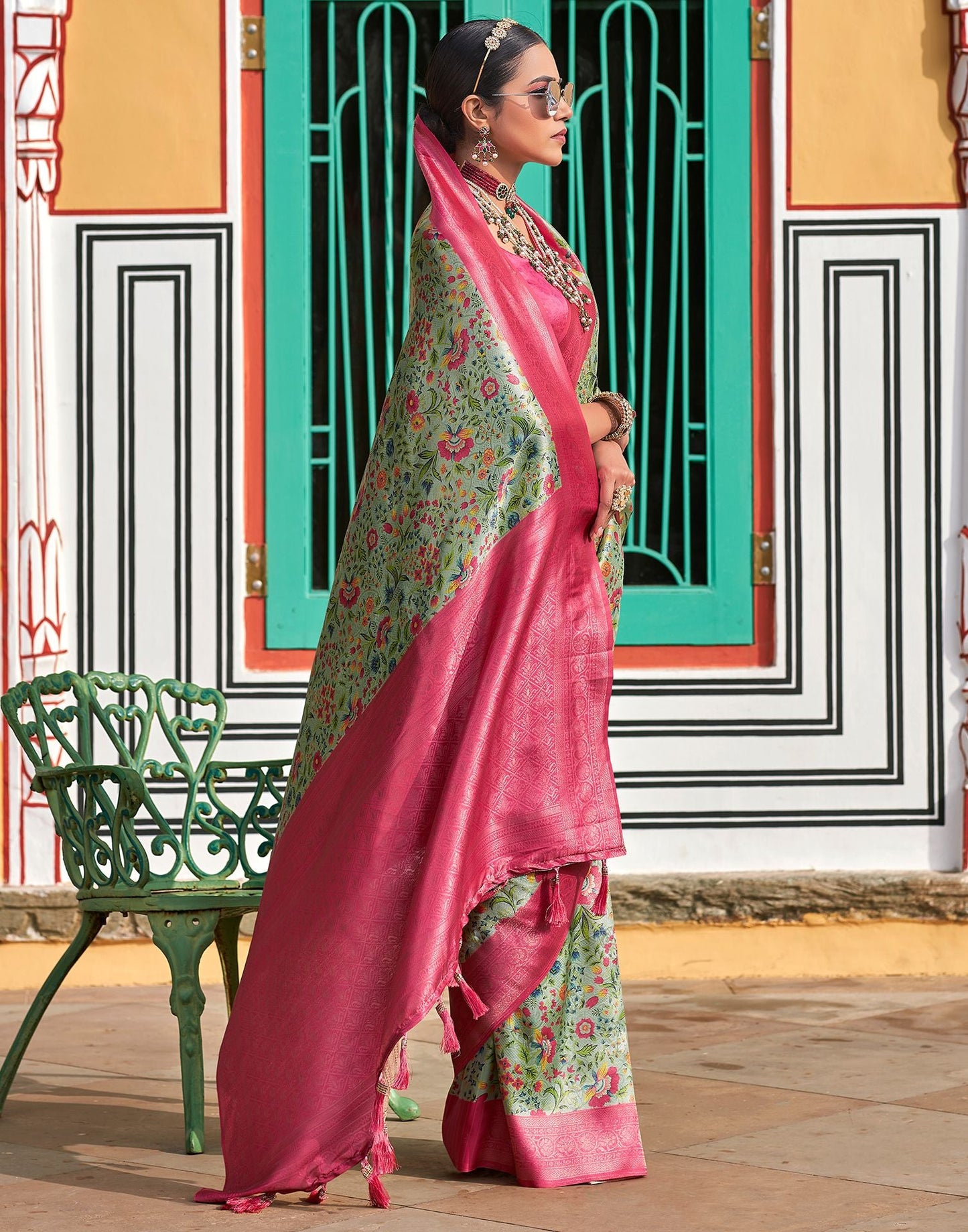 Light Pista Green Printed Silk Saree