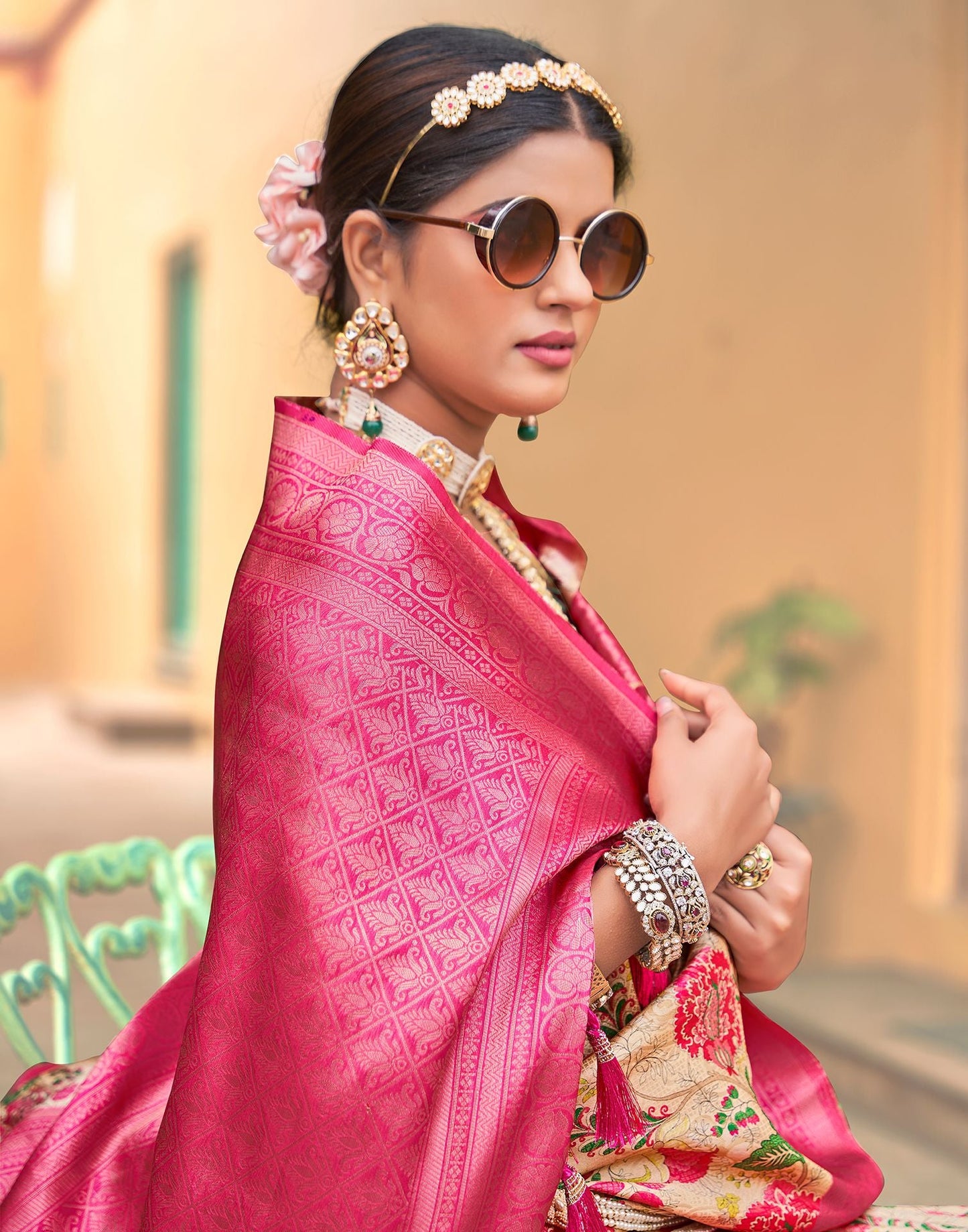 Beige & pink Printed Silk Saree