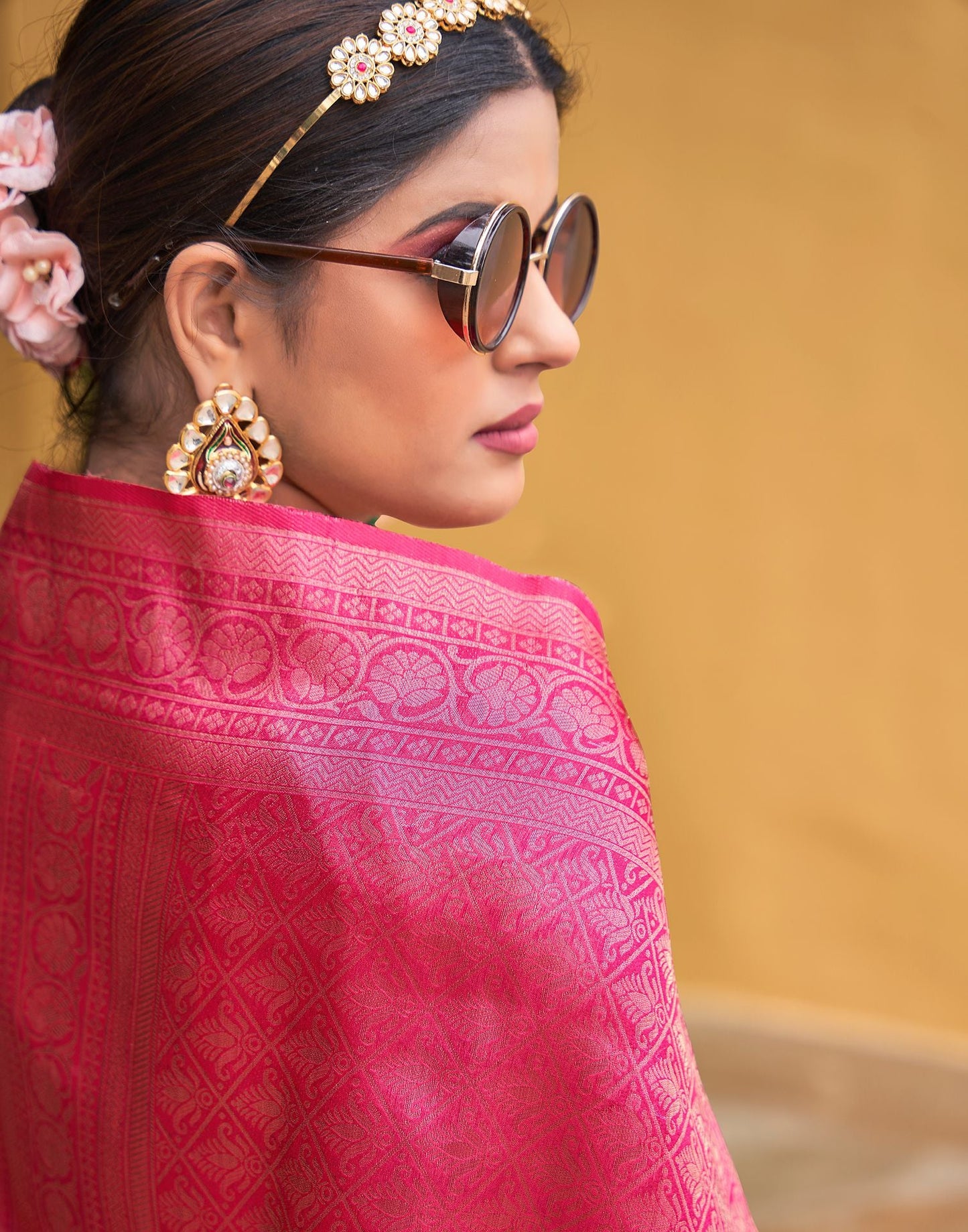 Beige & pink Printed Silk Saree