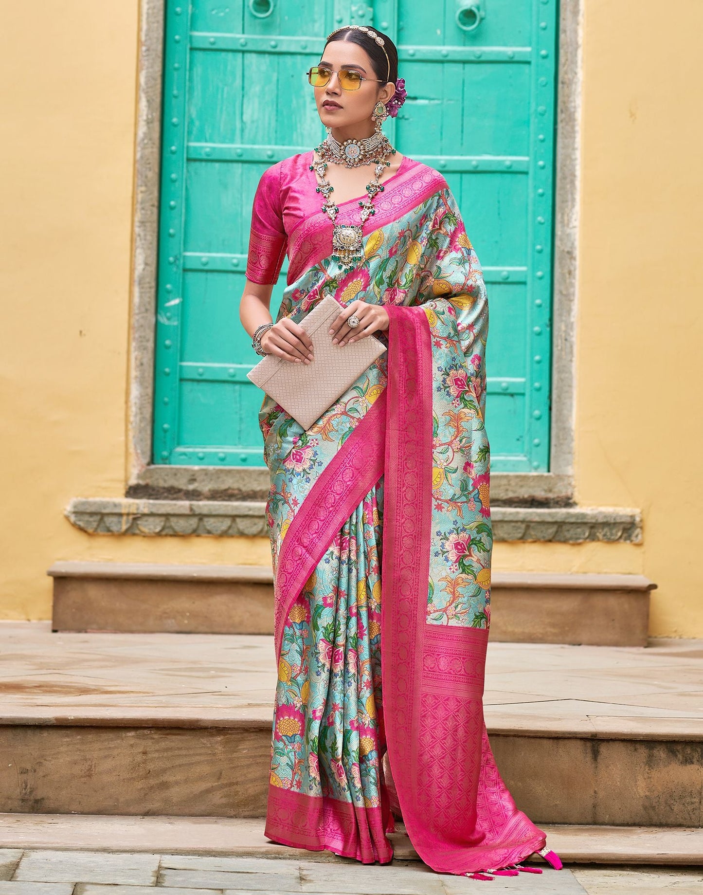 Blue Printed Silk Saree