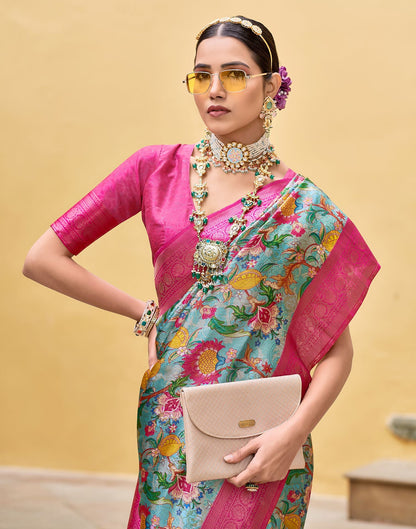 Blue Printed Silk Saree