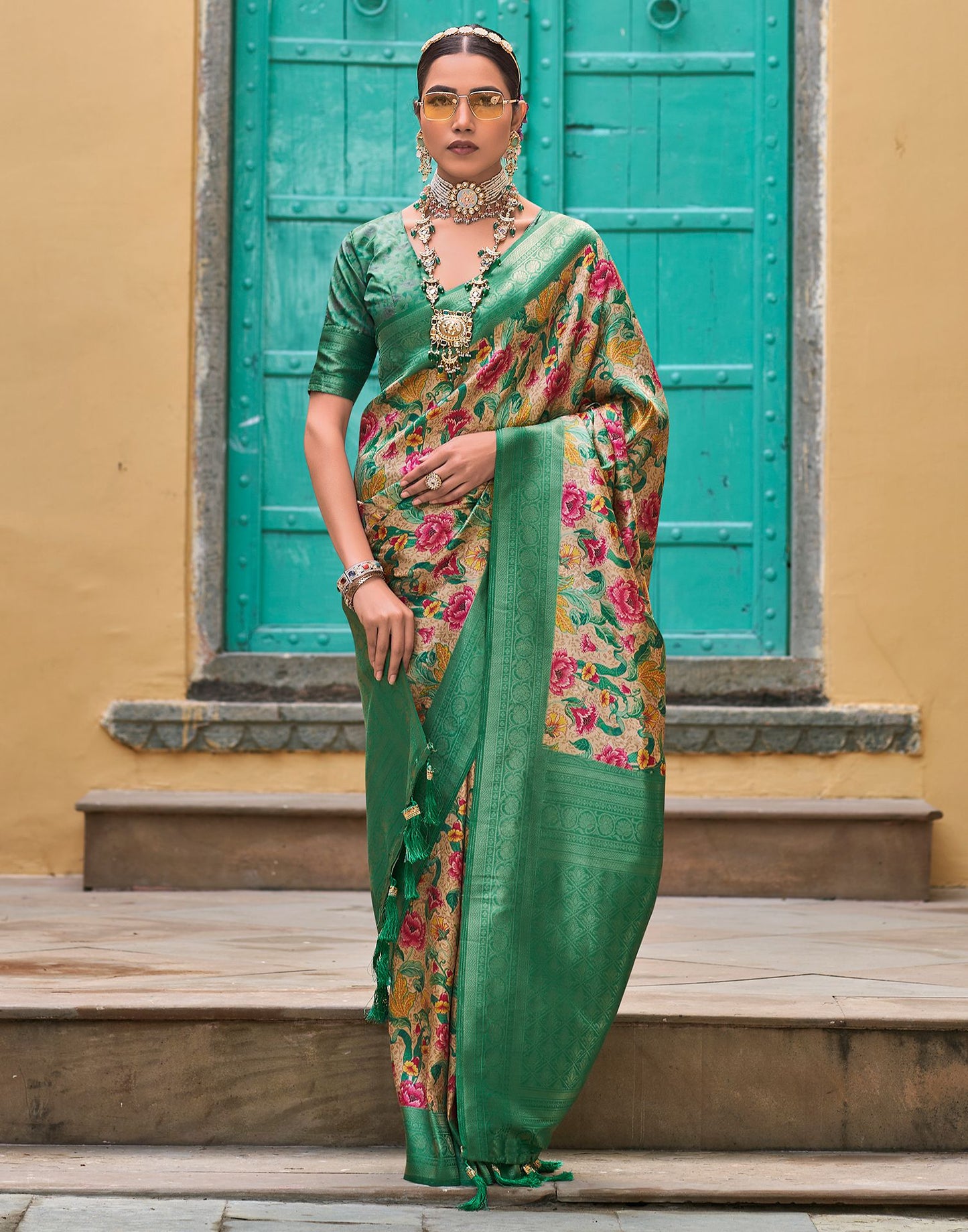 Beige & green Printed Silk Saree