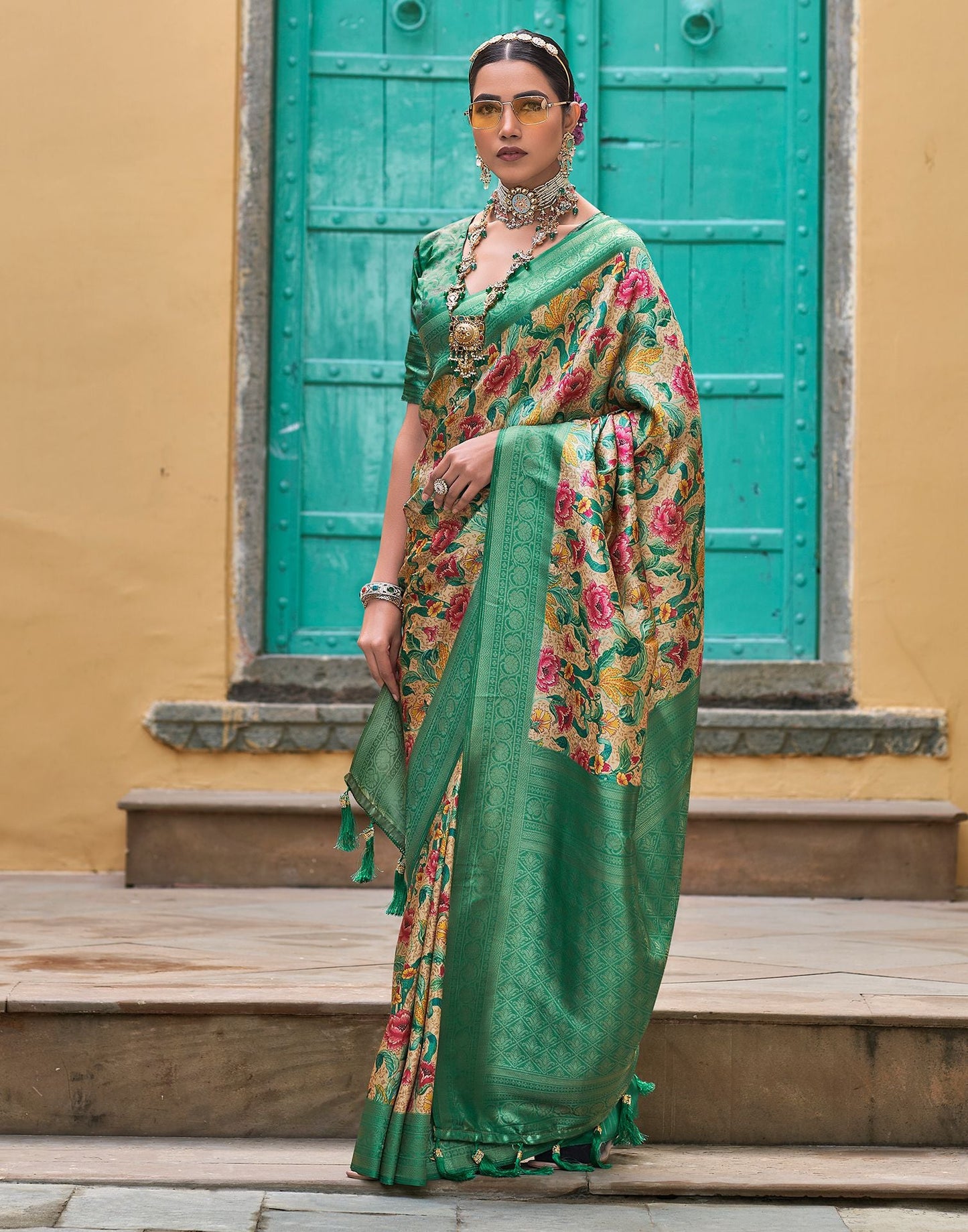 Beige & green Printed Silk Saree