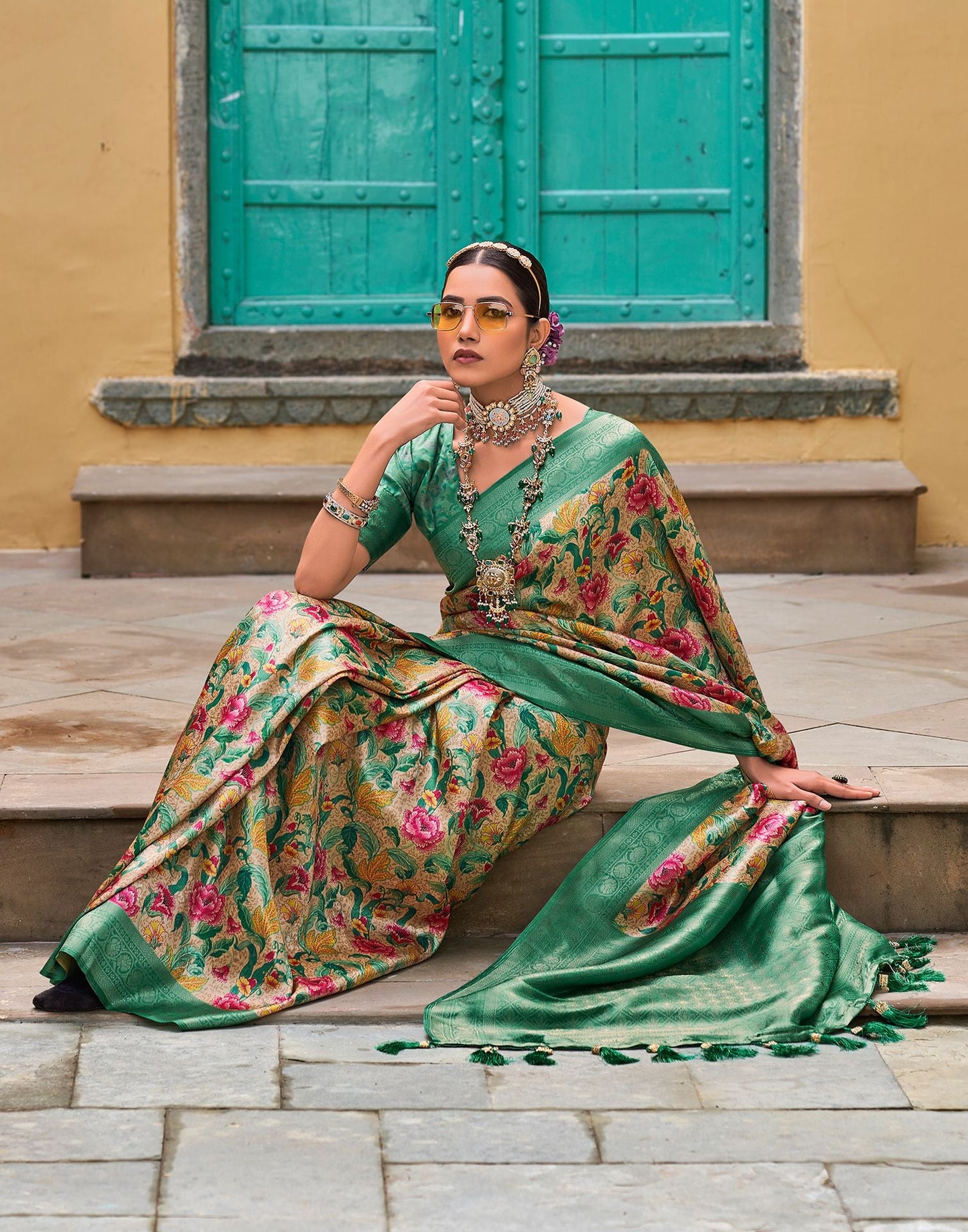 Beige & green Printed Silk Saree