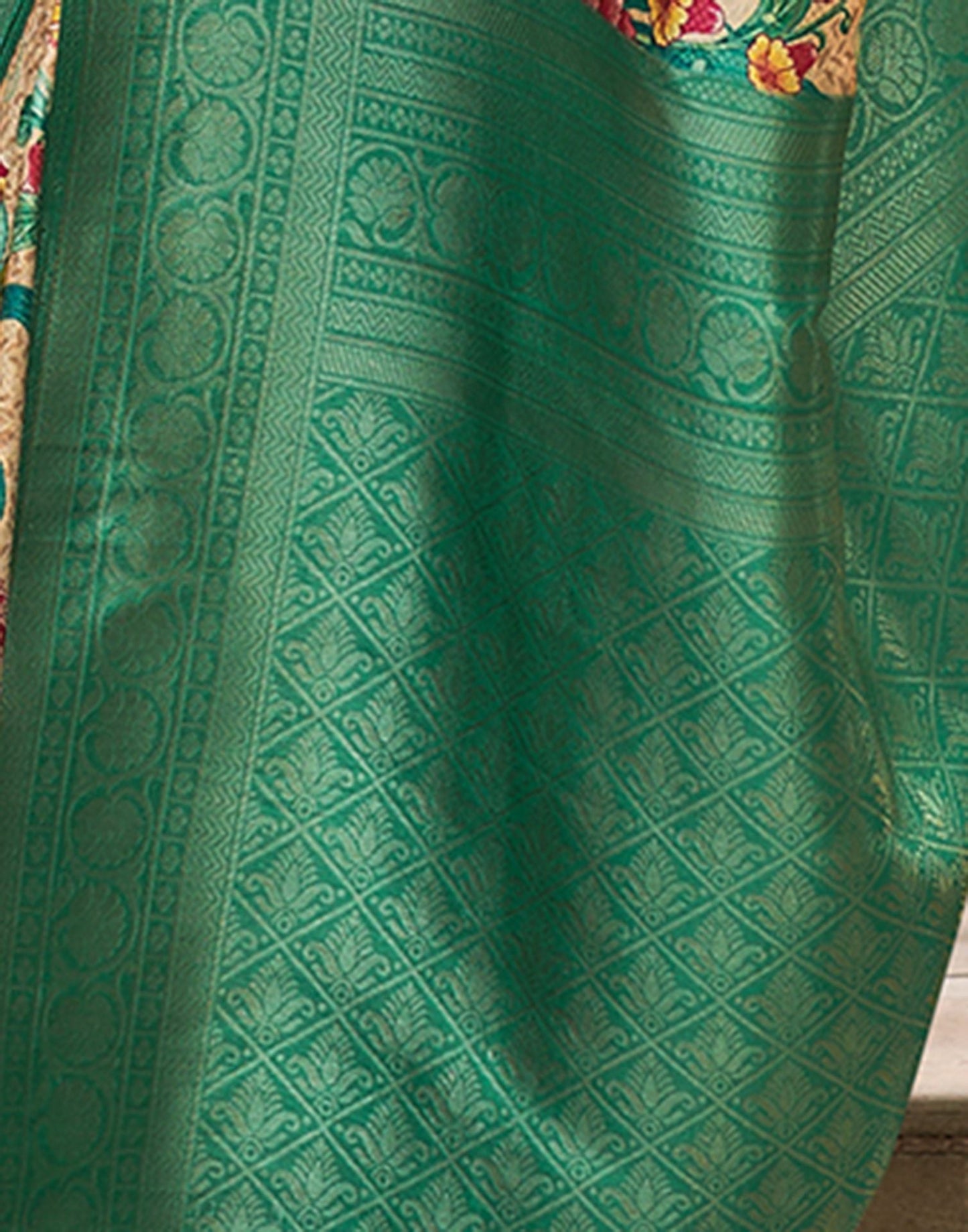 Beige & green Printed Silk Saree