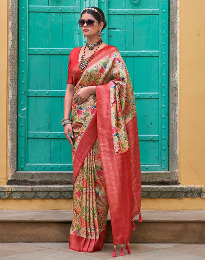 Beige & red Printed Silk Saree