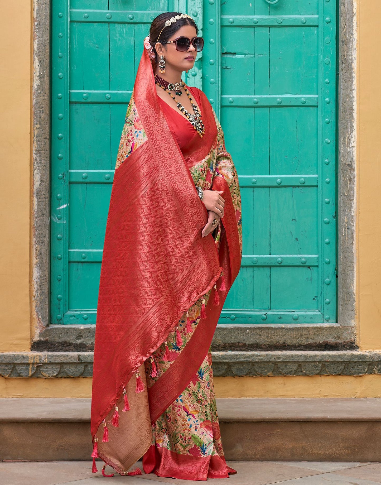 Beige & red Printed Silk Saree