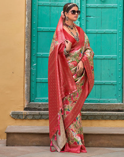 Beige & red Printed Silk Saree