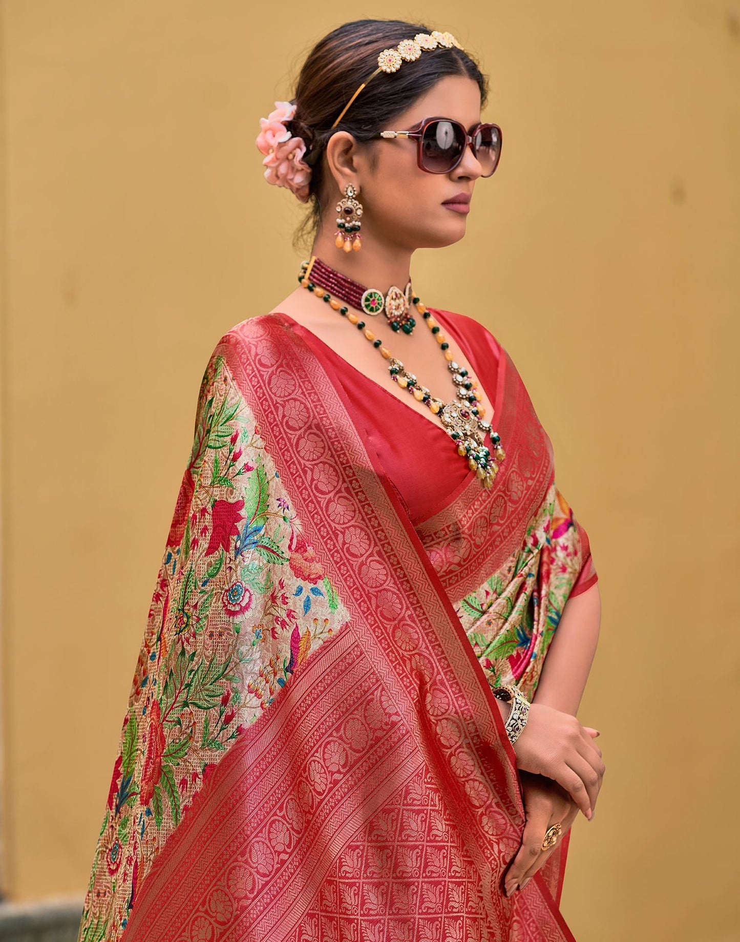 Beige & red Printed Silk Saree