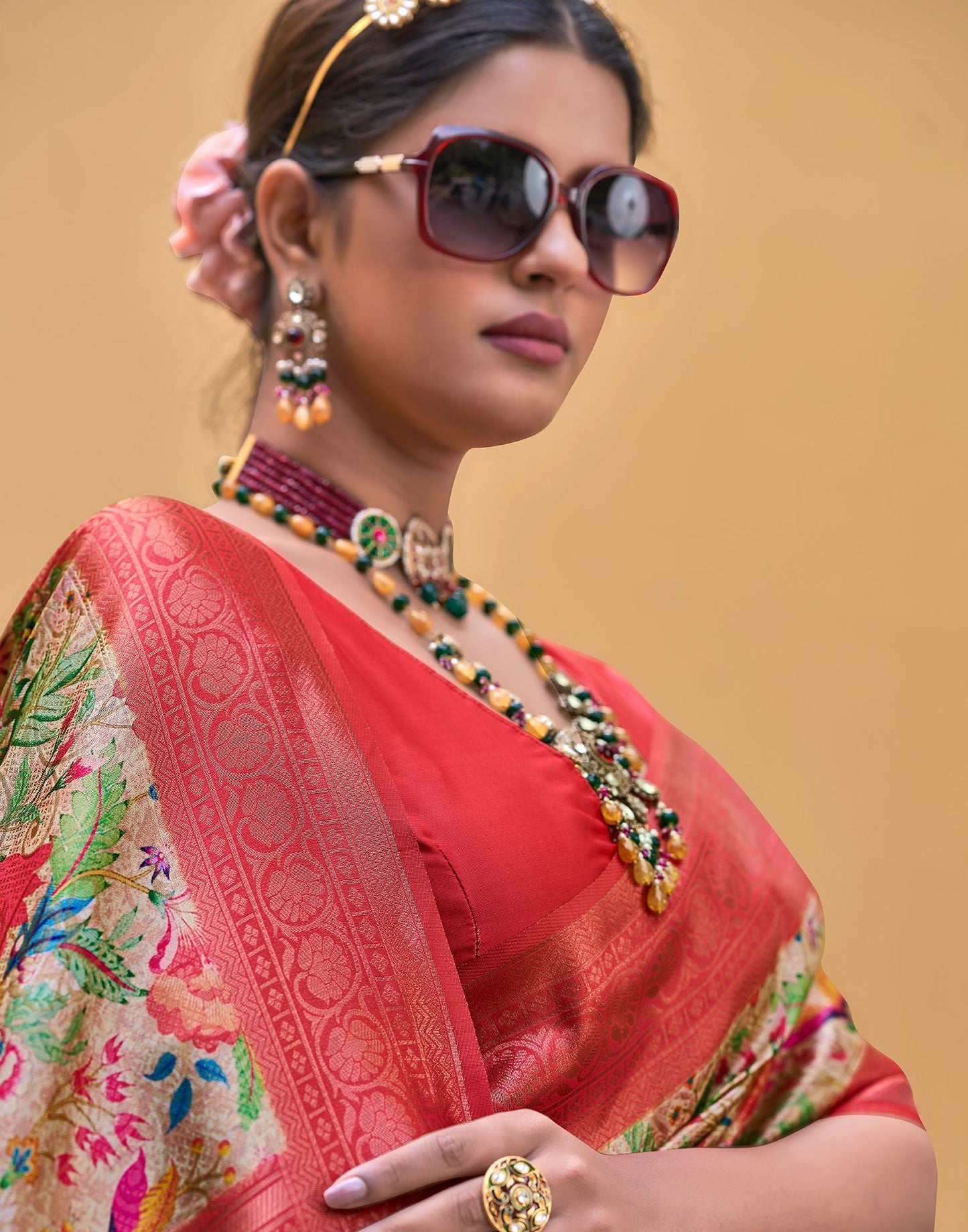 Beige & red Printed Silk Saree