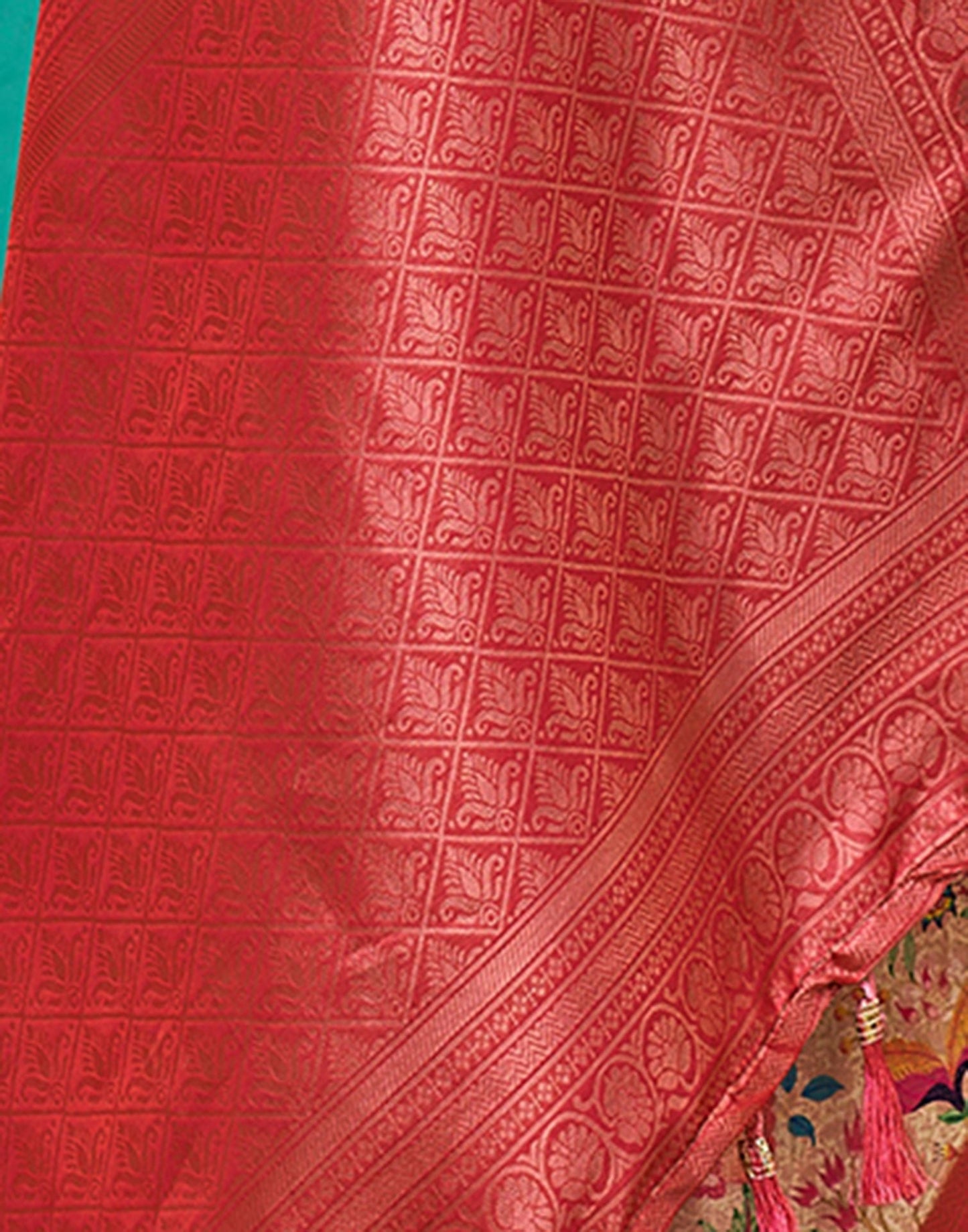 Beige & red Printed Silk Saree