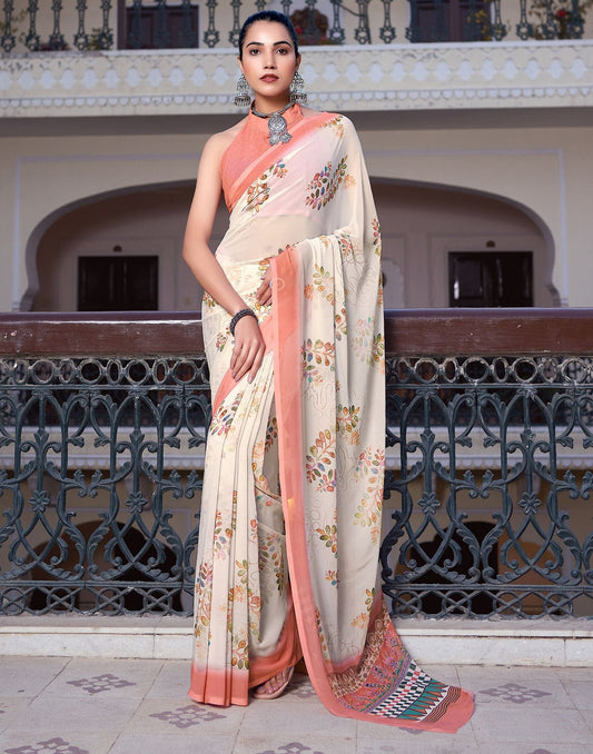 White Printed Georgette Saree