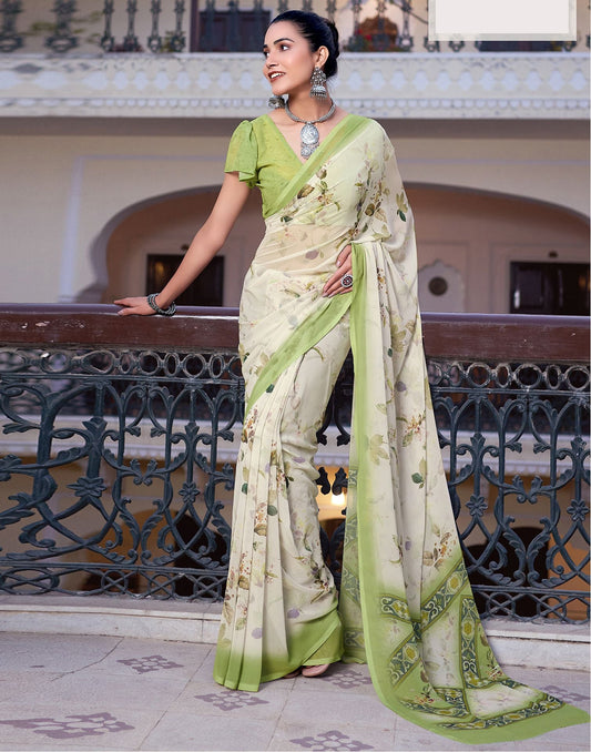 White Printed Georgette Saree