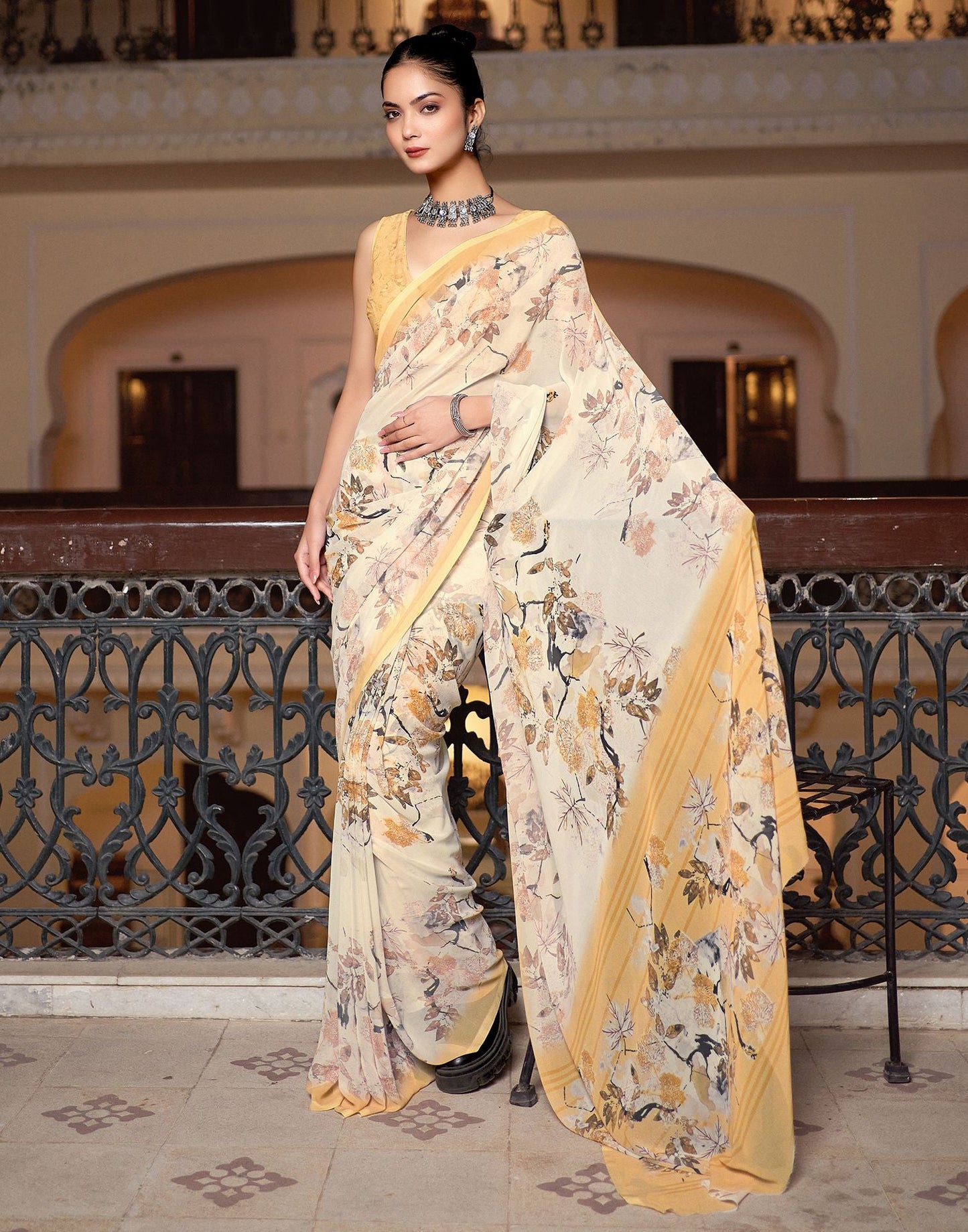 Cream Printed Georgette Saree