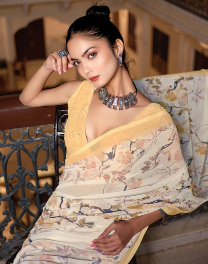 Cream Printed Georgette Saree
