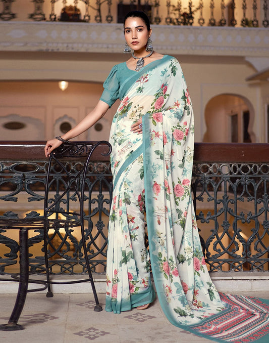 White Printed Georgette Saree