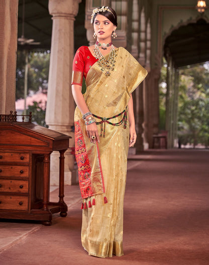 Beige Jacquard Silk Saree