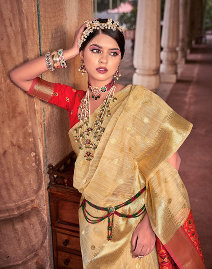 Beige Jacquard Silk Saree