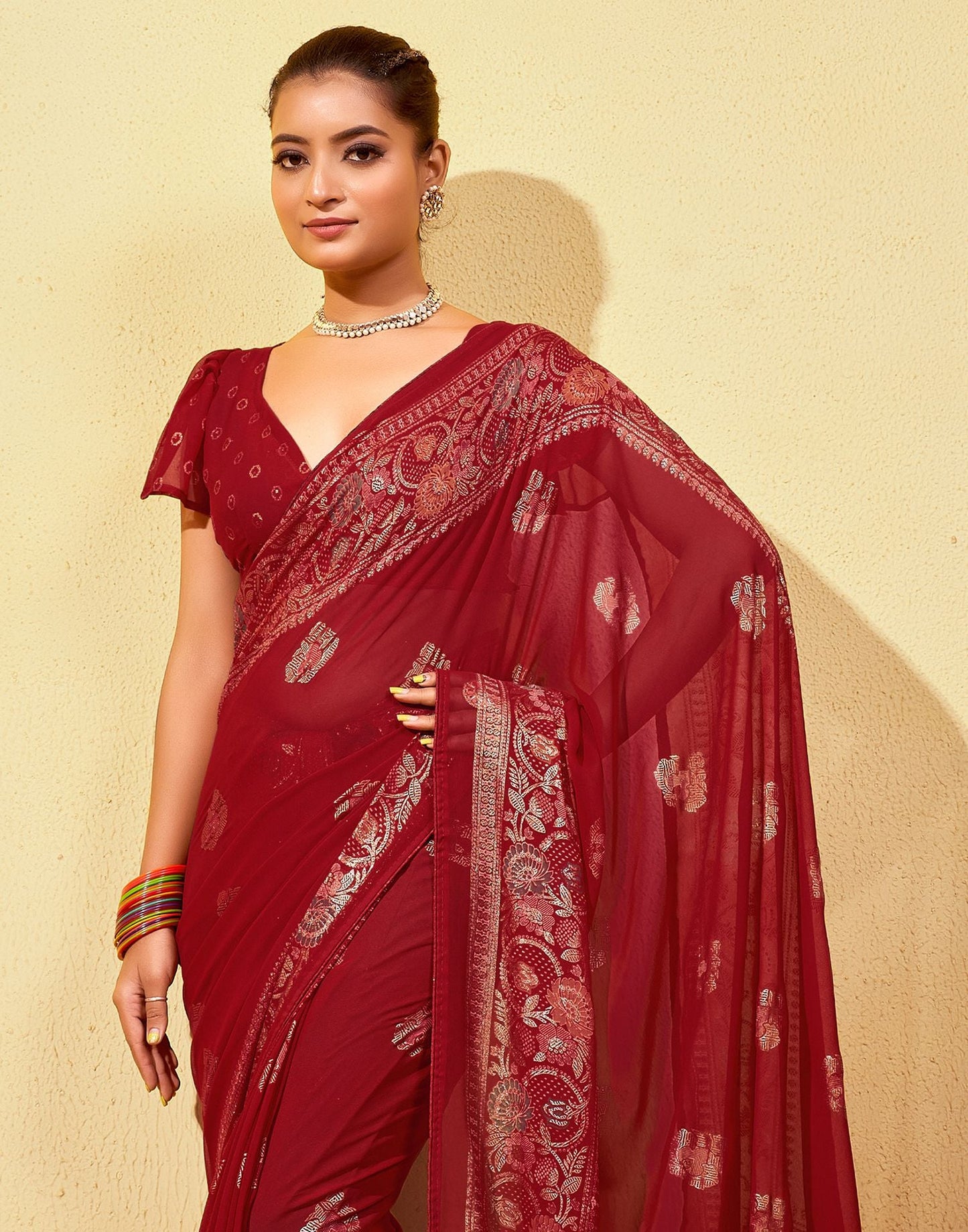 Red Printed Georgette Saree