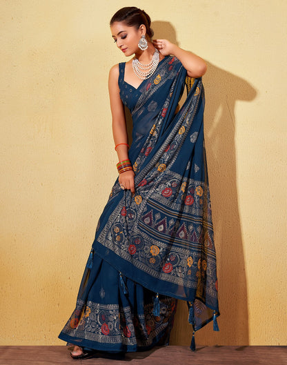 Navy Blue Printed Georgette Saree