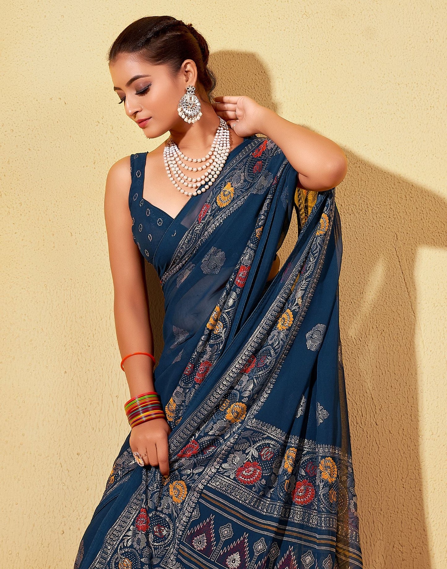 Navy Blue Printed Georgette Saree