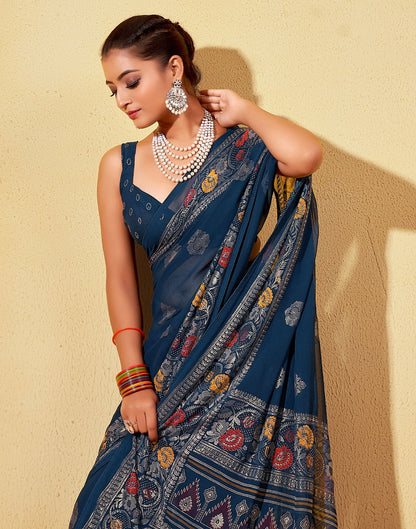 Navy Blue Printed Georgette Saree