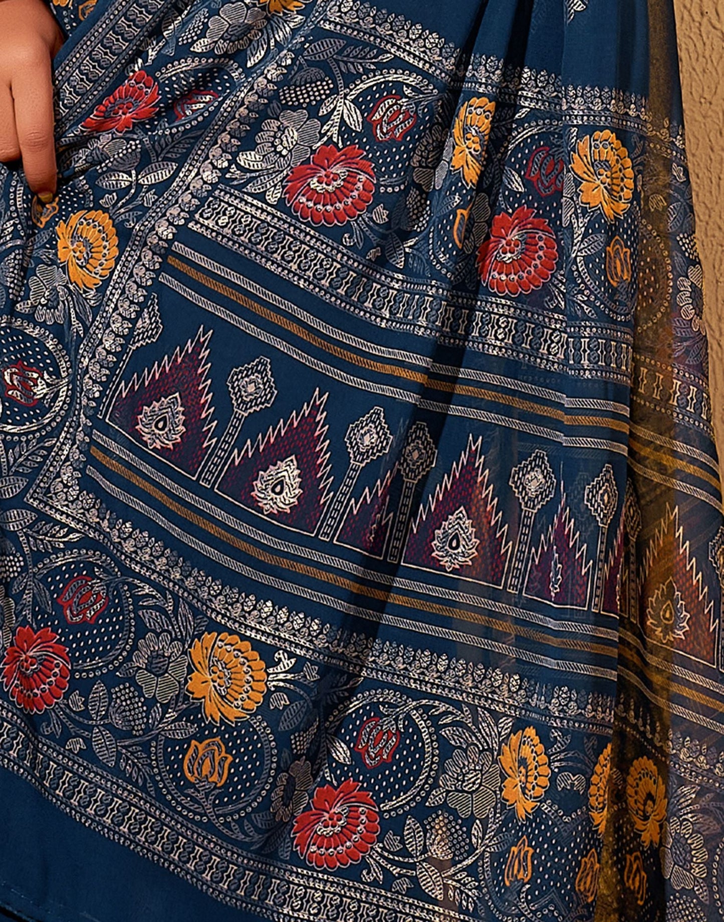 Navy Blue Printed Georgette Saree