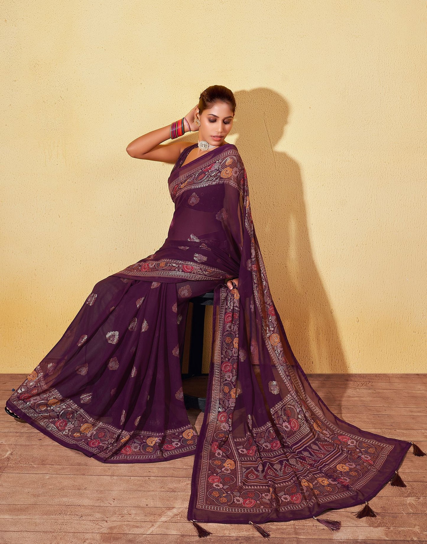 Wine Printed Georgette Saree