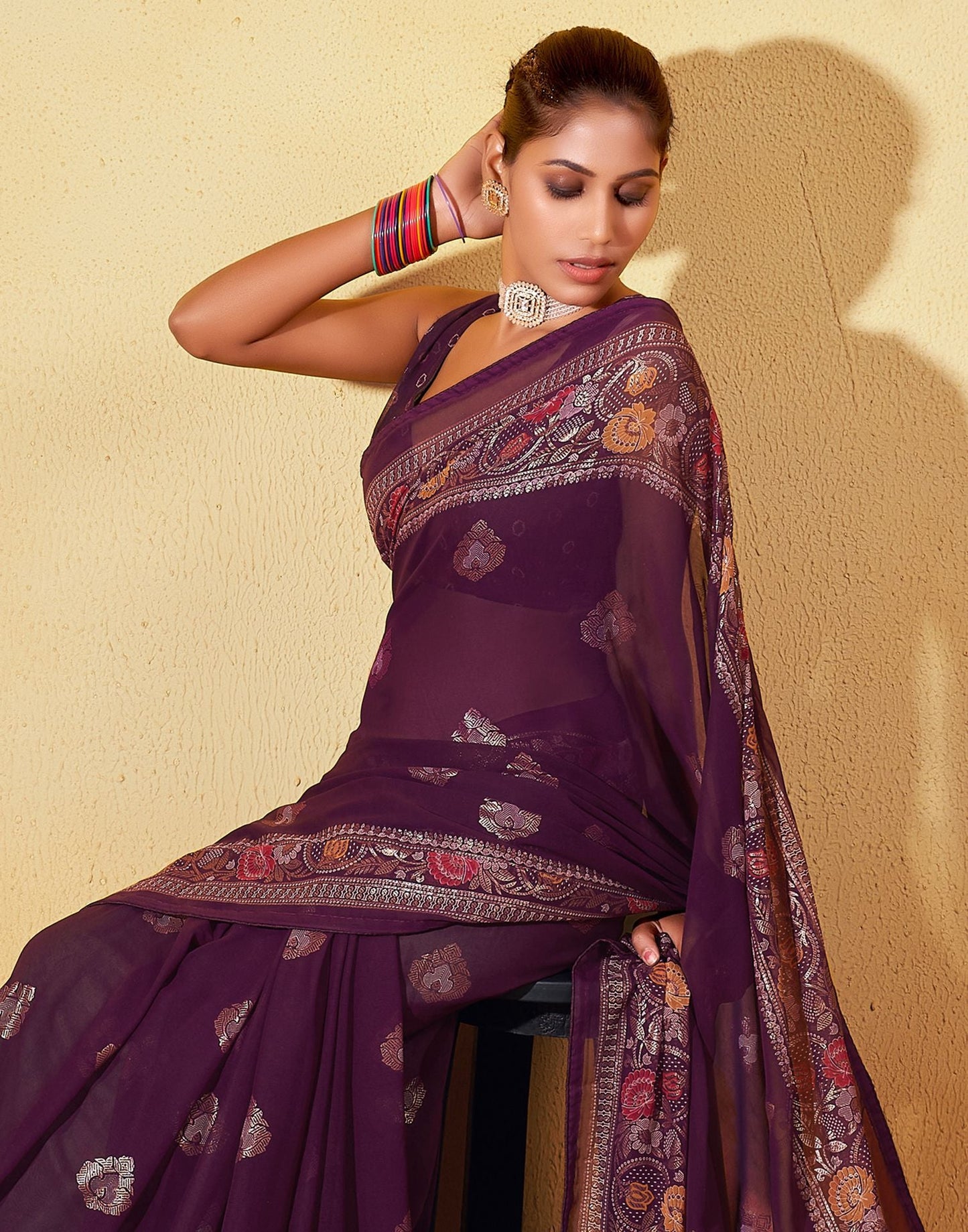 Wine Printed Georgette Saree