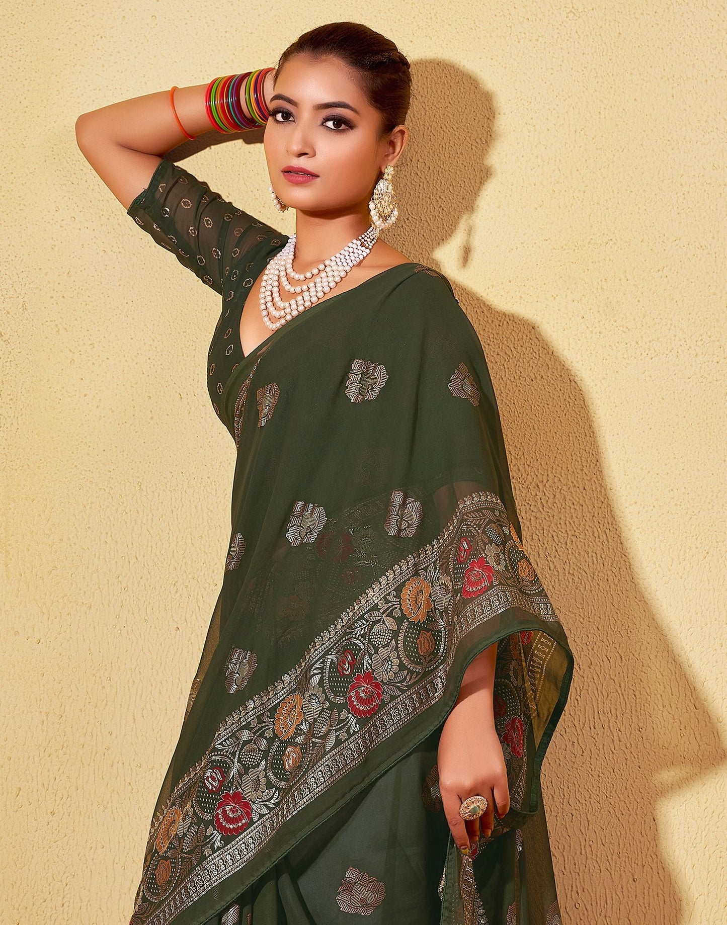Dark Olive Green Printed Georgette Saree