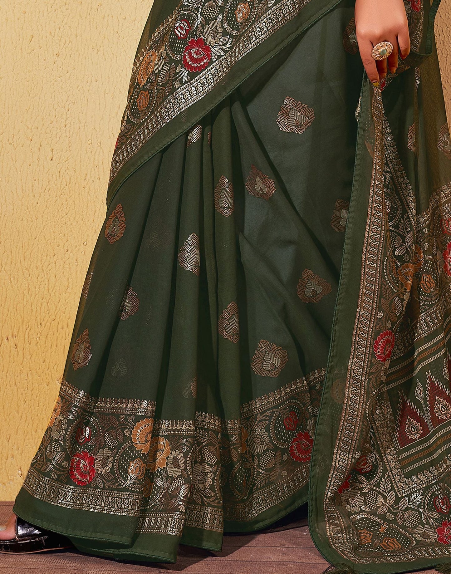 Dark Olive Green Printed Georgette Saree