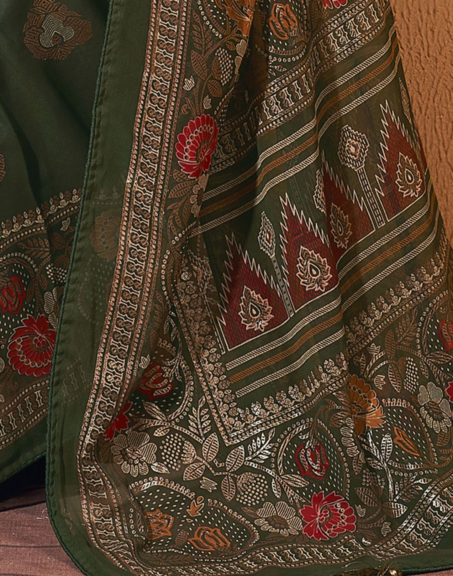 Dark Olive Green Printed Georgette Saree