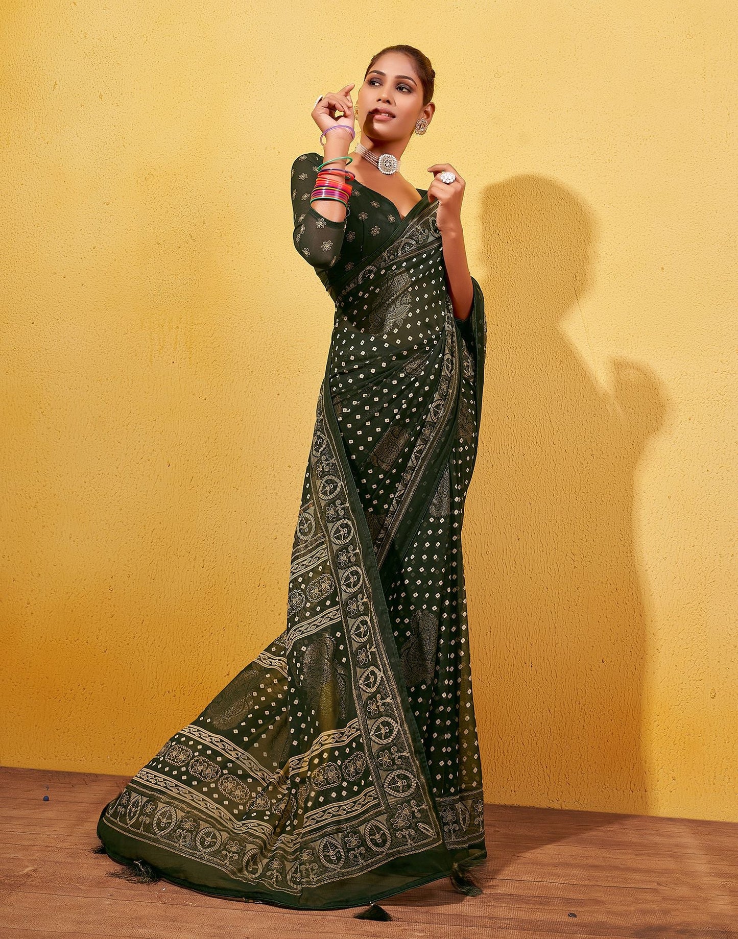Dark Olive Green Printed Georgette Saree