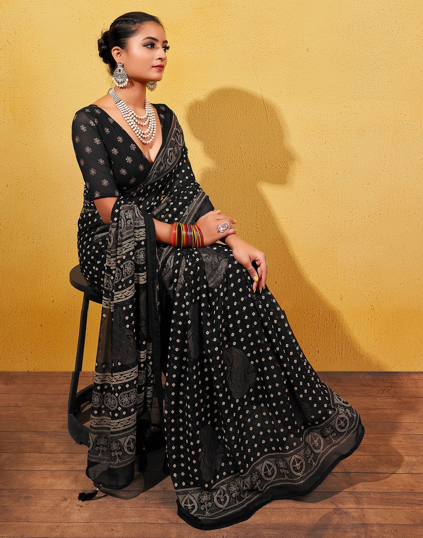 Black Printed Georgette Saree