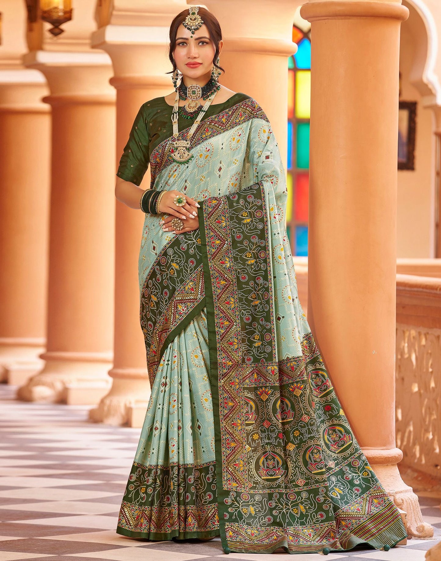 Mint Green Printed Silk Saree