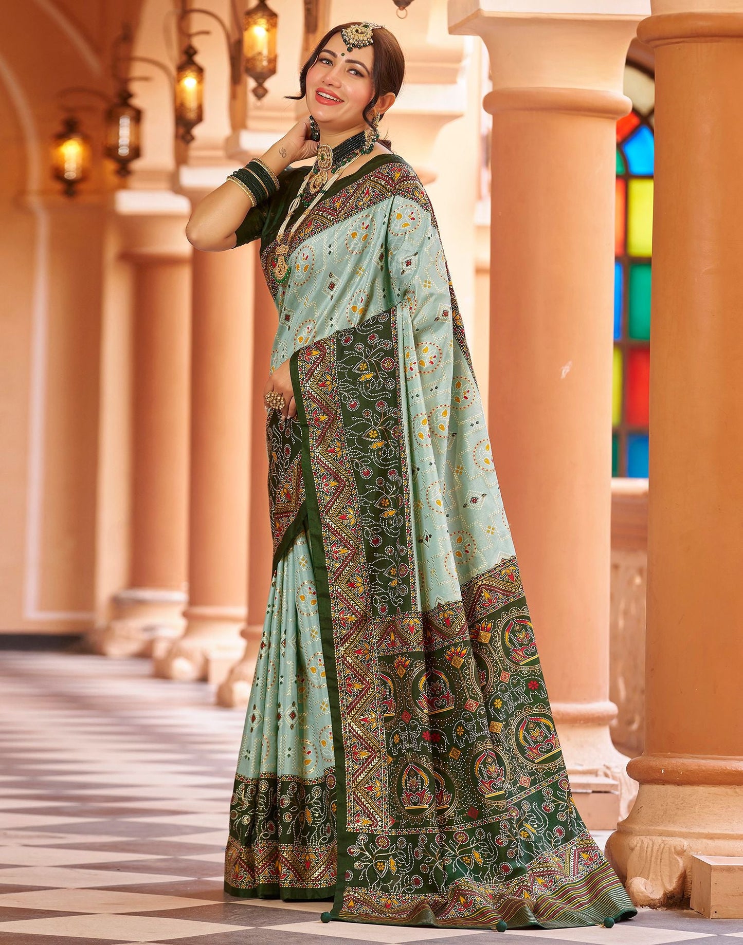 Mint Green Printed Silk Saree