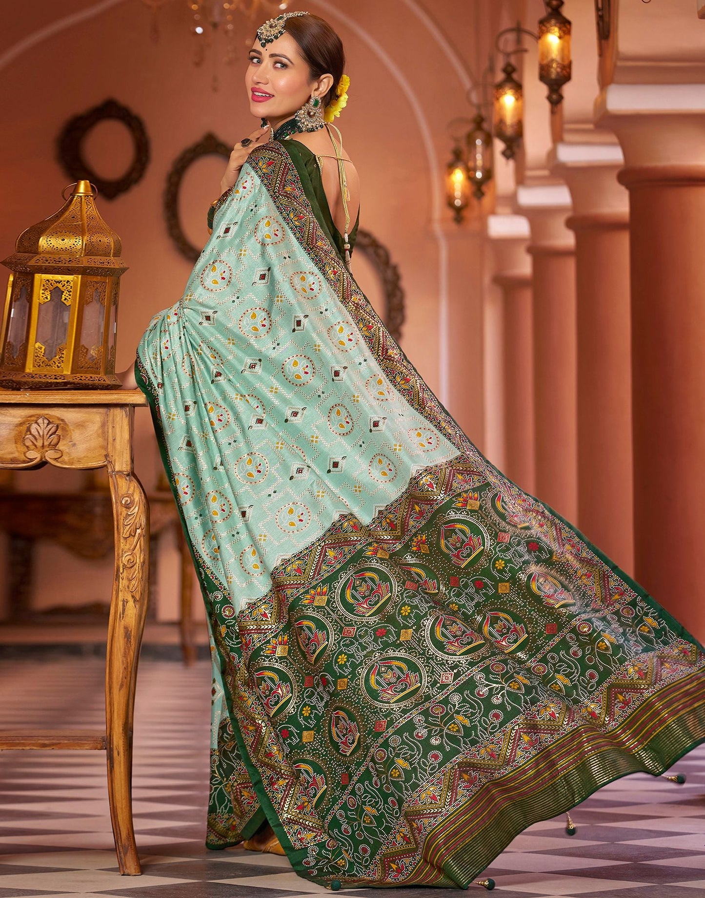 Mint Green Printed Silk Saree