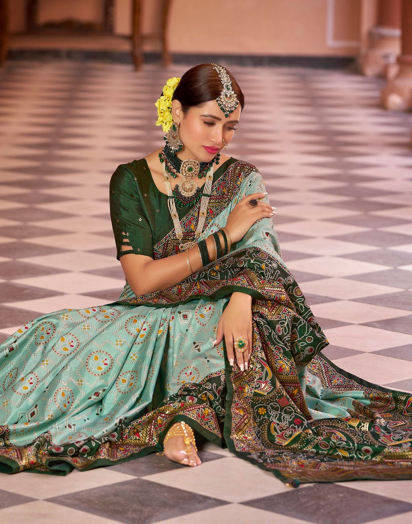 Mint Green Printed Silk Saree