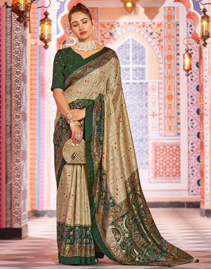 Beige & green Printed Silk Saree