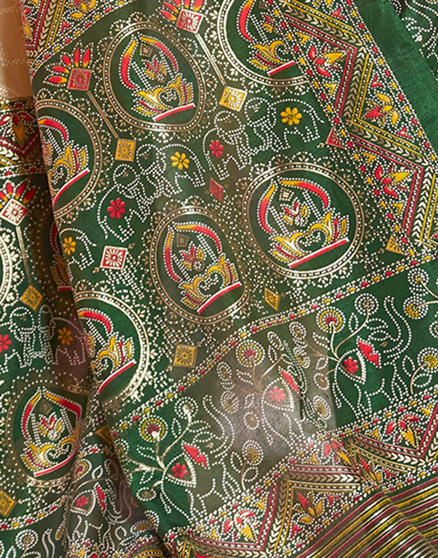 Beige & green Printed Silk Saree