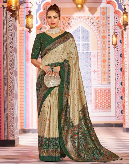 Beige & green Printed Silk Saree