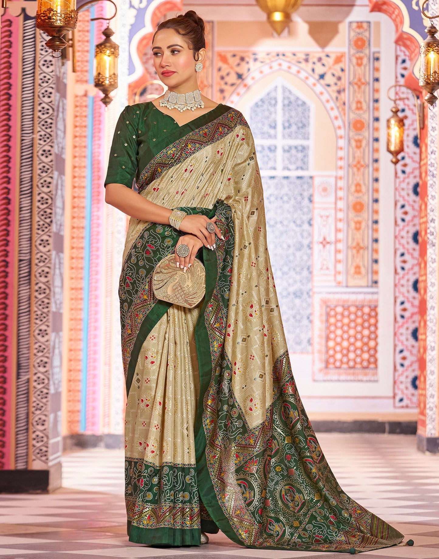 Beige & green Printed Silk Saree