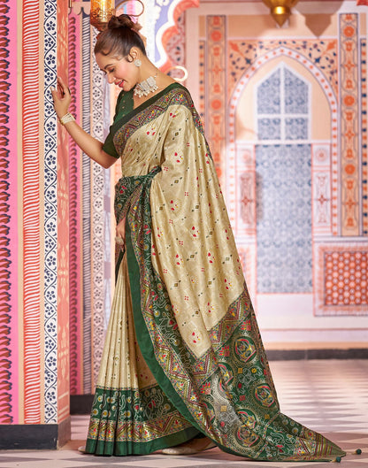 Beige & green Printed Silk Saree