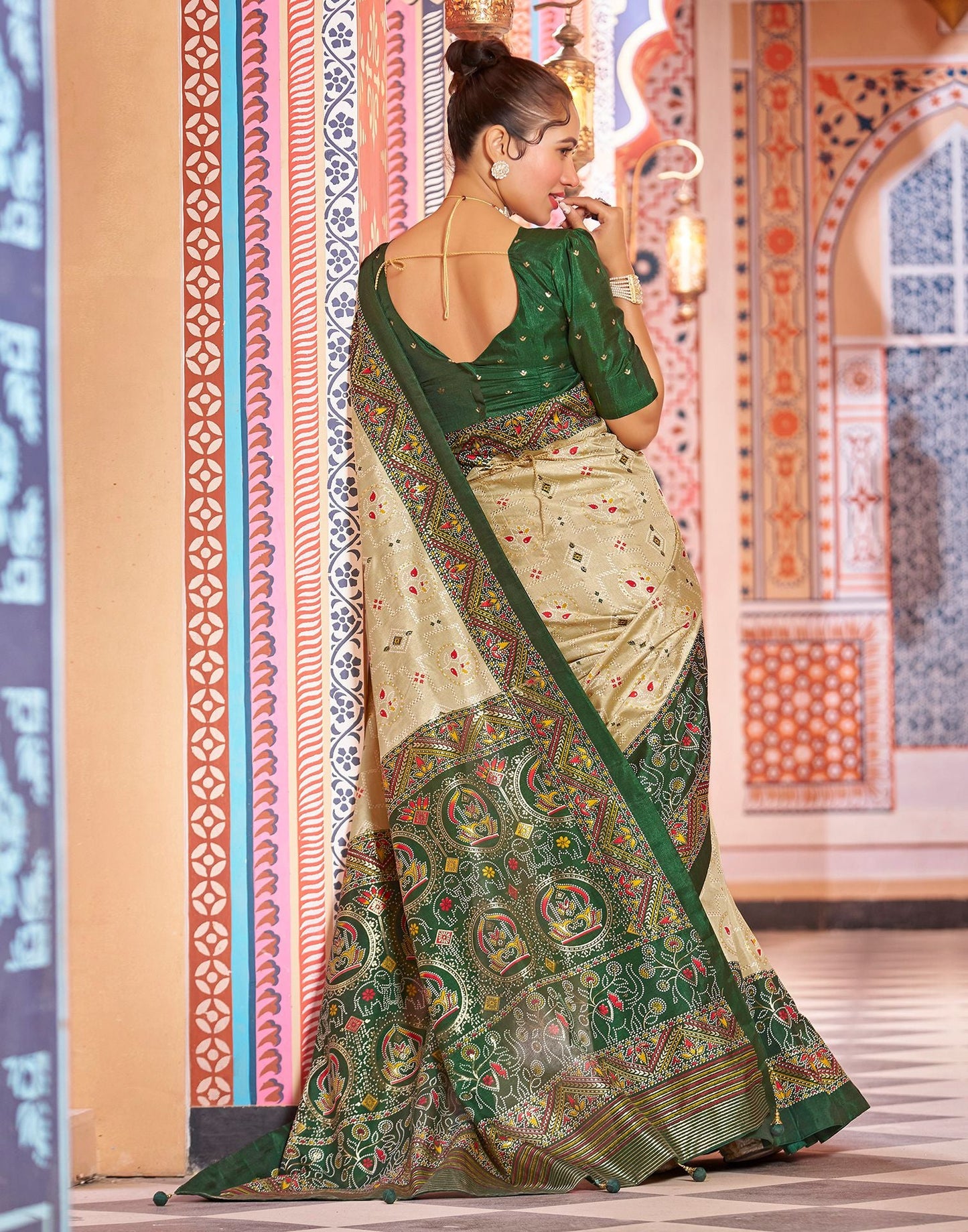 Beige & green Printed Silk Saree