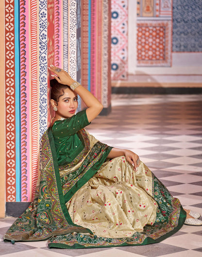 Beige & green Printed Silk Saree