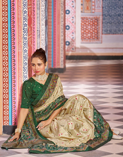 Beige & green Printed Silk Saree