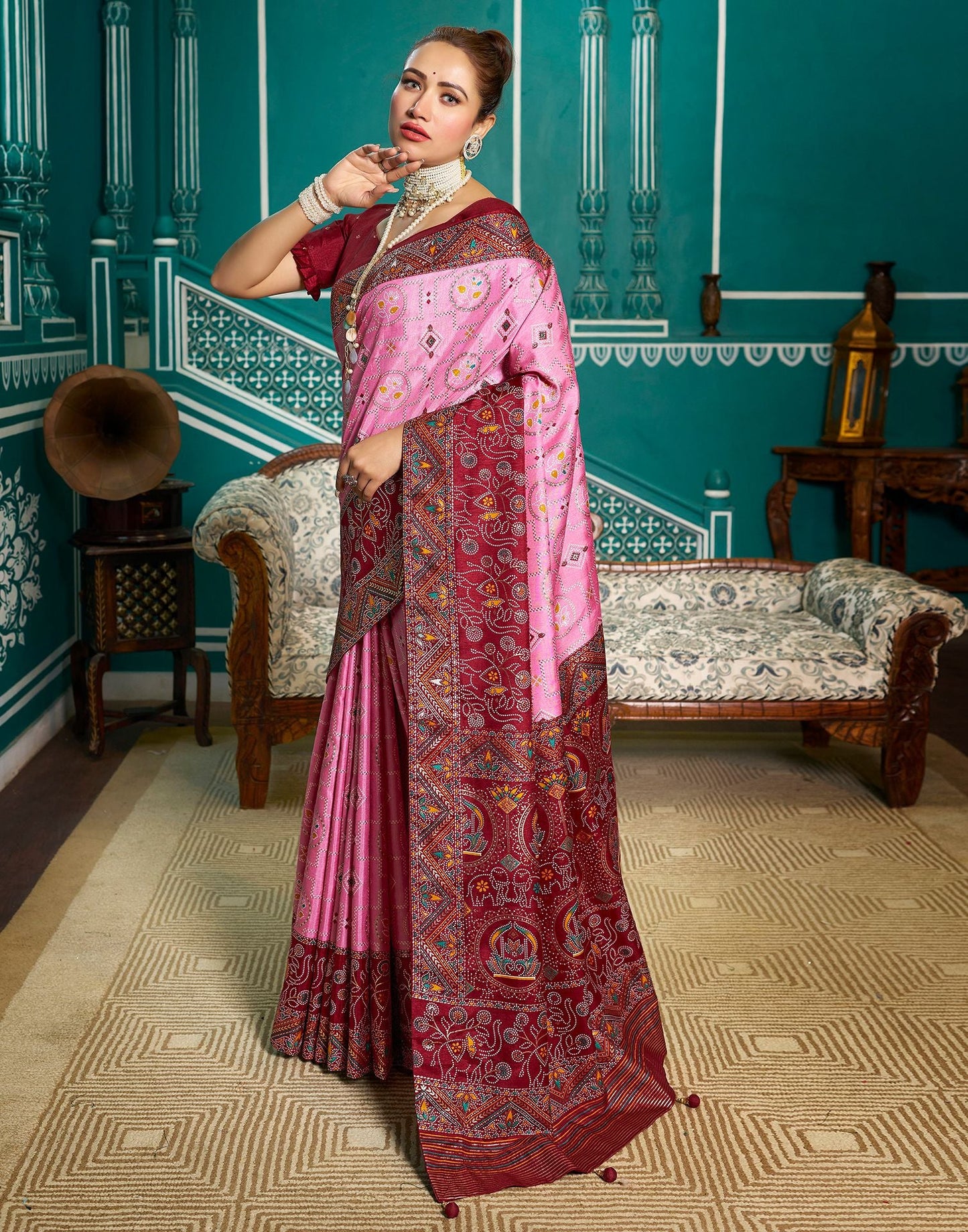 Light Pink Printed Silk Saree