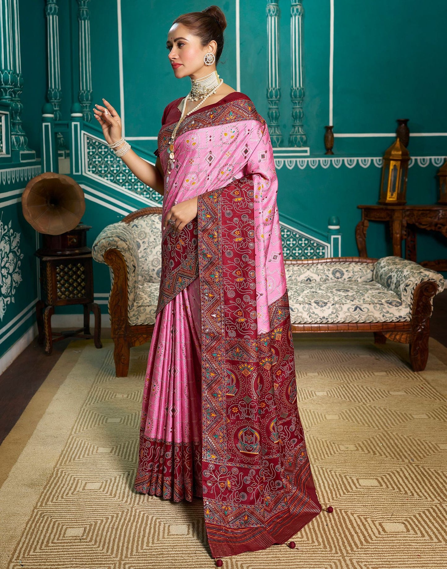 Light Pink Printed Silk Saree